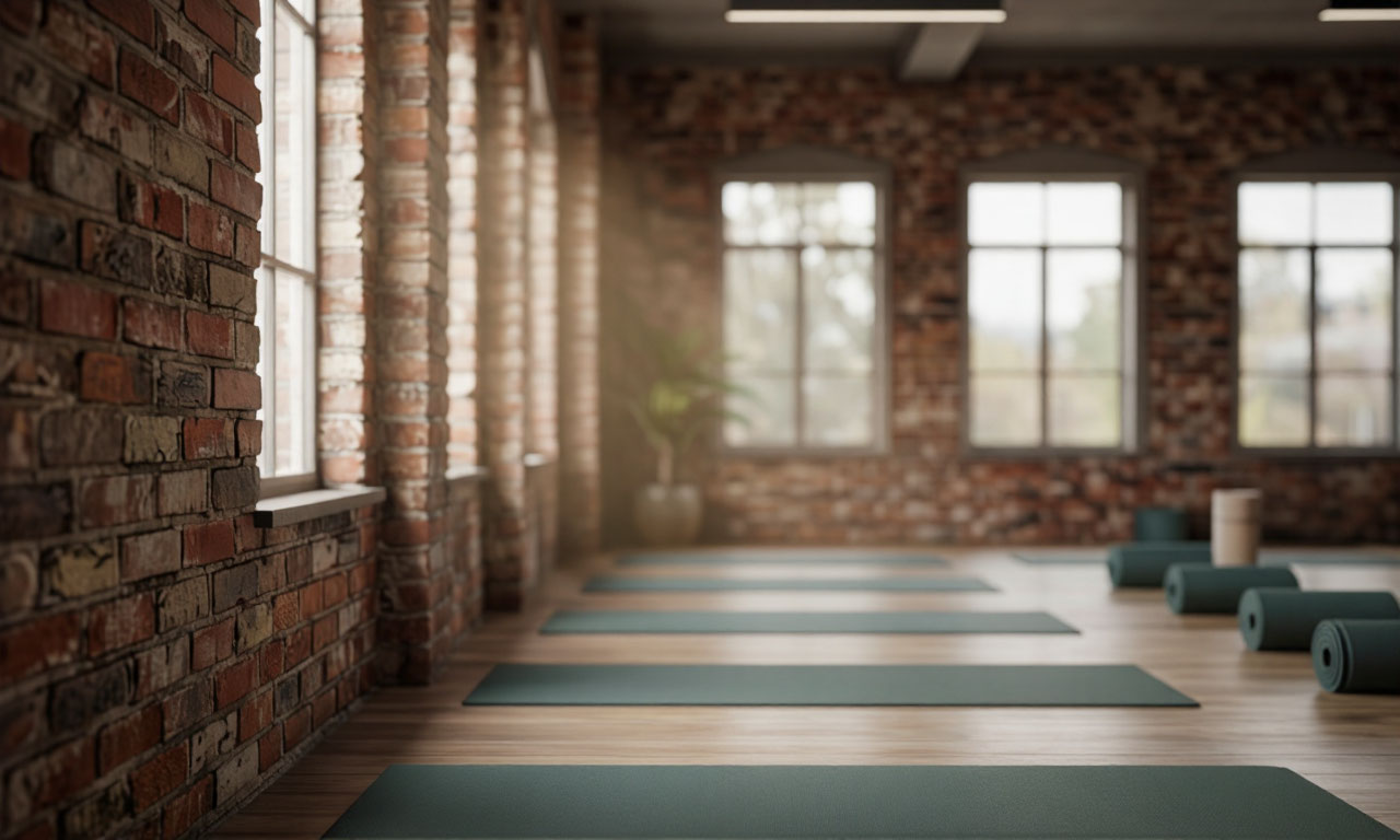 Interior of Flux Yoga Studio with brick walls and yoga mats