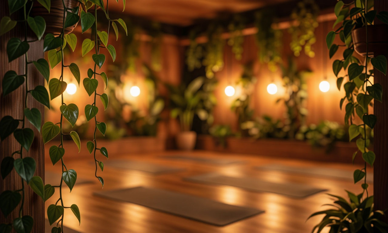 Yoga studio with warm light and plants